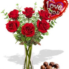 6 Roses package with Chocolate Box and I Love You Helium Balloon