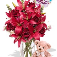 6 Rose and 4 Asiatic Lily Package with Medium Teddy Bear and Happy Birthday Helium Balloon