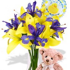Asiatic and Iris Package with Medium Teddy Bear and Helium Balloon
