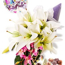 Dendrobium and Lily Package, Chocolate Box and Happy Birthday Balloon